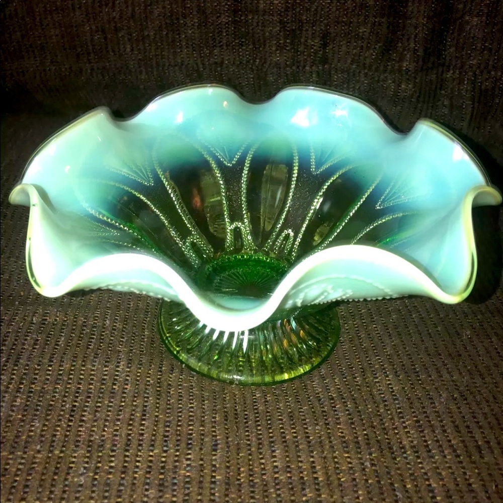 Northwood Green Opalescent Roulette Pedestal Bowl